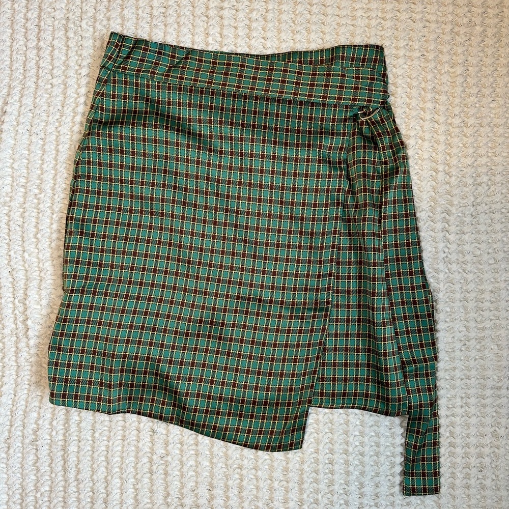 Lulu's Lovely Luck Green Plaid Satin Wrap Mini Skirt - Picture 3 of 5